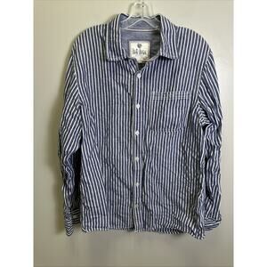Fat Face Long Sleeve Button Down Mens L Navy Blue White Stripe Cotton Linen